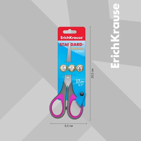 Scissors Erichkrause Standard+, 17 cm, with improved double sharpening, handles with anti -slip rubber inserts, mix-6