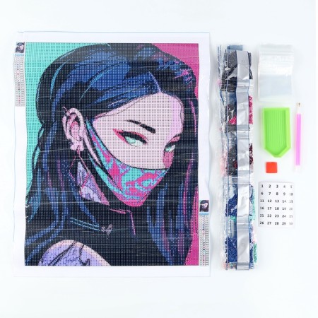 Diamond mosaic with full filling on the canvas "Girl Neon", 30 x 40 cm-1