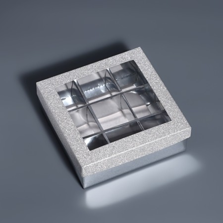 Box for 9 sweets silver glitter, 12.5 x 12.5 x 4 cm. Confectionery packaging