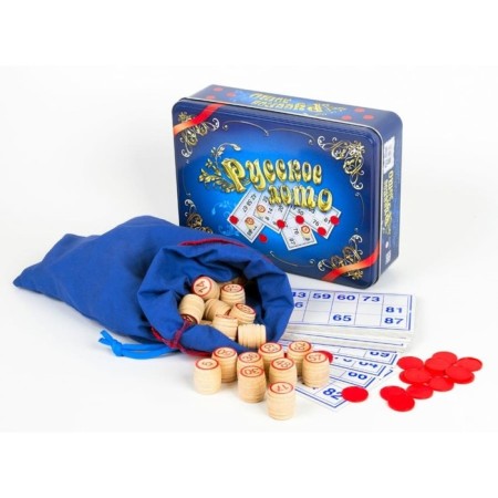 Board game Russian lotto in a tin box "Blue Casket" with wooden barrels