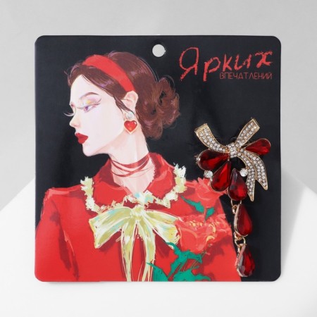 Brooch "Flower dew" with a bow, burgundy-white color in gold