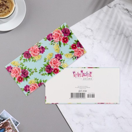 Money envelope "Universal" flowers, blue background, 8.3x16.3 cm