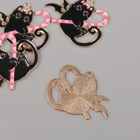 Decor for creativity metal, enamel "Black cat with candy" Black-pink 2.4x3.1 cm-1