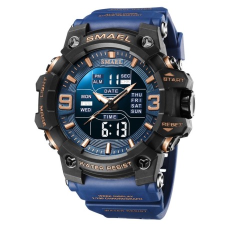 Watch is electronic watch, with an alarm clock, D-5.8 cm, strap L-26 cm, 5 atm, blue strap