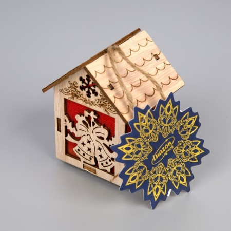 Christmas tree toy "House with bells", from batteries, glow of warm white-4