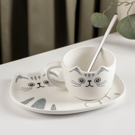 Tea couple ceramic "cat", 3 items: a cup of 200 ml, a saucer 18.5 × 13.5 cm, a spoon