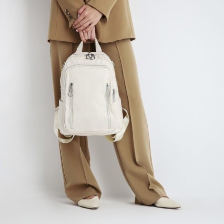 Women's backpack made of artificial leather with zipper, 6 outer pockets, milk color-5