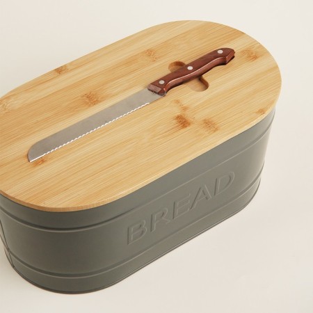 Metal breadstone with a bamboo lid SL Home “CACE”, 2 items: Bread 36 × 20 × 15.5 cm, knife length 28.3 cm-3