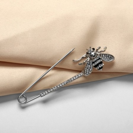 Bulavka "Bee" with rhinestones, 5.5cm, black and white color in silver-3