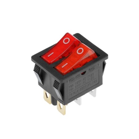 Double key switch, 250 V, 15 A, On-OFF, 6C, Red, with backlight