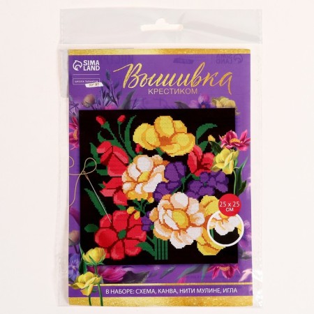 Cross -stitch on the black canvas "Bright Bouquet", a set for creativity, 25 x 25 cm-7