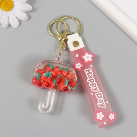 A keychain plastic with a carbine, a strap "Umbrella with a strawberry" Water with a decor 6x5x2 cm-1
