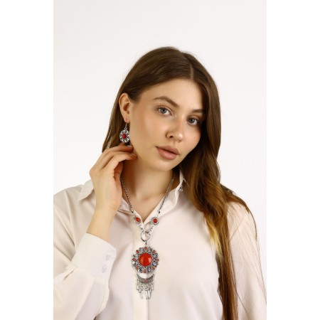Set 2 objects: earrings, necklace "India", red color in black silver, 52 cm-2