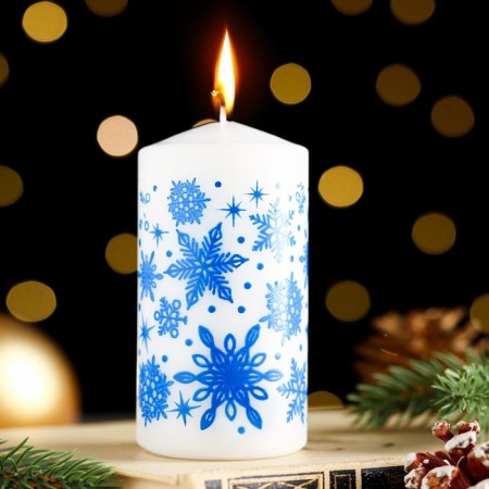 Candle - New Year's "Snowflakes" cylinder, 5x10 cm, white with blue