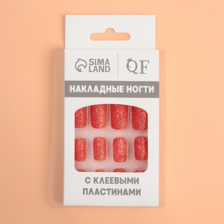 Lighting nails "Shine", 12 pcs, with sparkles, with adhesive plates, shape soft square, red-4