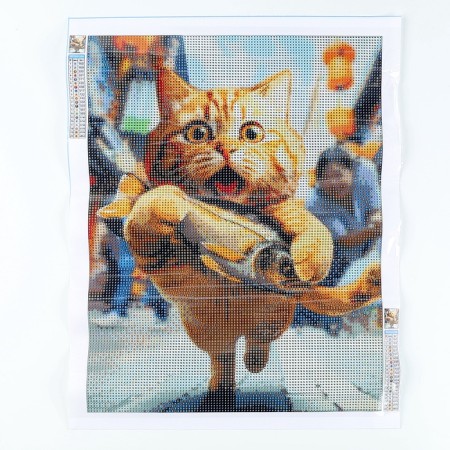 Diamond mosaic with full filling on the canvas "Cat and Fish", 30 x 40 cm-2