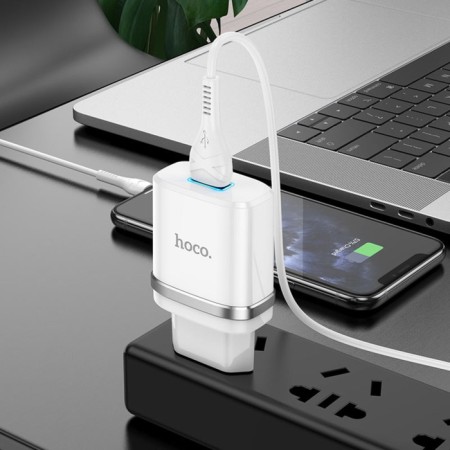 Network charger Hoco N1, 1 USB, 2.4 A, Lightning cable - USB, 1 m, white-1