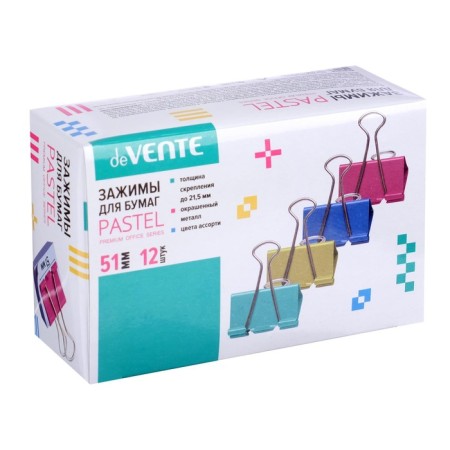 Papers clamps 51 mm, 12 pieces, Devente, metal, mix x 4 colors, cardboard box-6