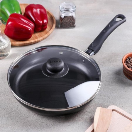 Pan Consul, D = 24 cm, glass cover, plastic handle, anti -stick coating, black color-10