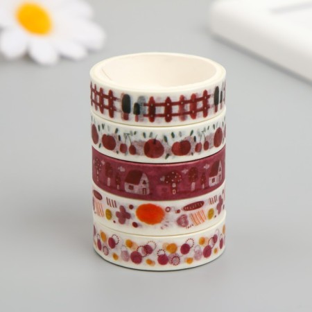 Adhesive tape paper "House in the garden" Width 1 cm winding 2 m set 5 pcs