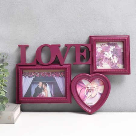 Photo frame-collage "Love" in 3 photos, burgundy (plastic screen)