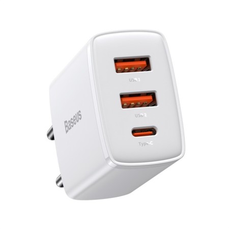 Charger Baseus Compact Quick Charger 2*USB+USB-C, 3A, 30W, White-1