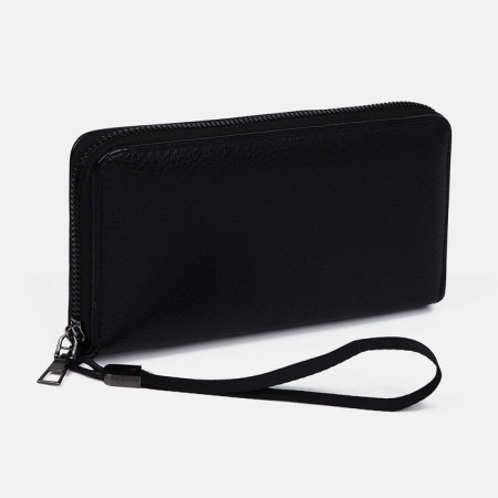Male purse with zipper, department for bills, for maps, for coins, black color