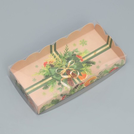 Box for confectionery products with PVC lid "Mandarins and needles", 10.5 x 21 x 3 cm, New Year
