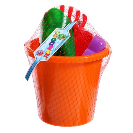 Set for playing in sand No. 20: Big bucket, scoop, rake, 4 molds-1