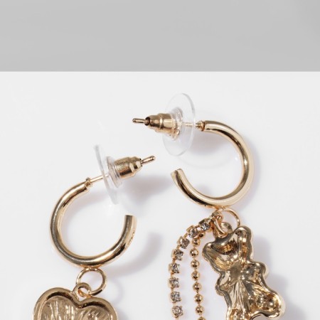 Hanging earrings with rhinestones "Bear" with heart, white color in gold-2