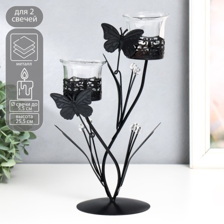 Summary Metal for 2 candles "Butterflies with Crystal balls" black 9.5x9.5x25.5 cm