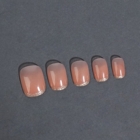 Nude overhead nails, 12 pcs, with adhesive plates, with sparkles, shape is a soft square, the color is light - beige-6
