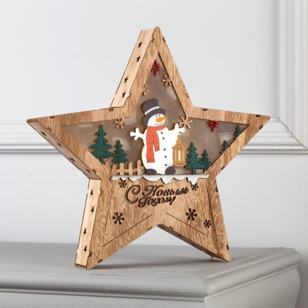 LED figure "Star with a snowman" 30 × 30 × 5 cm, wood, batteries AAAX2 (not complete), glow warm white-1