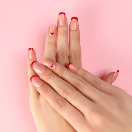 Follow nails "Love", 24 pcs, adhesive plates, square shape, glossy pink/red color-6