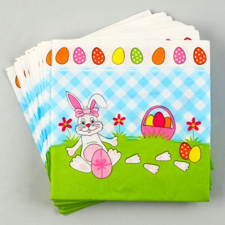 Paper Napkins “White Rabbit” with a pink bow, 33x33 cm, set 20 pcs.