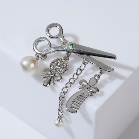 Brooch "Scissors with pendants", white color in silver-1