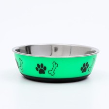 The bowl is round with a non -slip base and print, 450 ml, green
