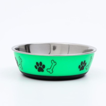 The bowl is round with a non -slip base and print, 450 ml, green