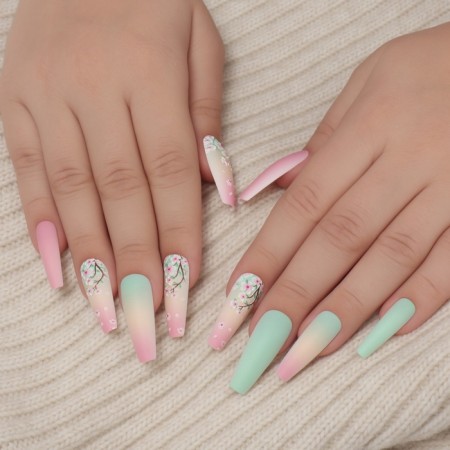Sakura's overhead nails, 12 pcs, with glue plates, ballerina shape, pink/green color-8