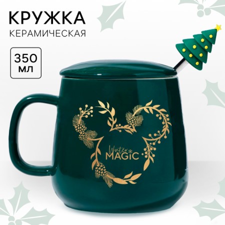 New Year. Ceramic mug with a spoon "Winter Magic", 350 ml, Mickey Mouse