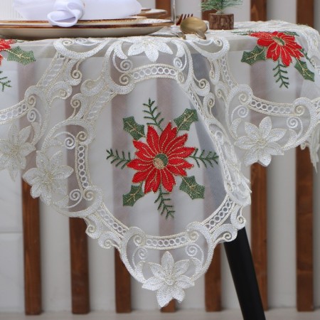 New Year. Poansettia tablecloth with embroidery, 120 x 150 ± 5 cm, p/e-2