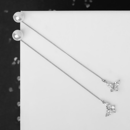 Earrings with pearls "chains" butterfly and bead, white color in silver, ball No. 10-4