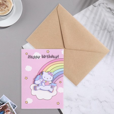 A postcard with a wooden element "Happy Birthday!" Handmade, unicorn, 14.7x10.5 cm-1