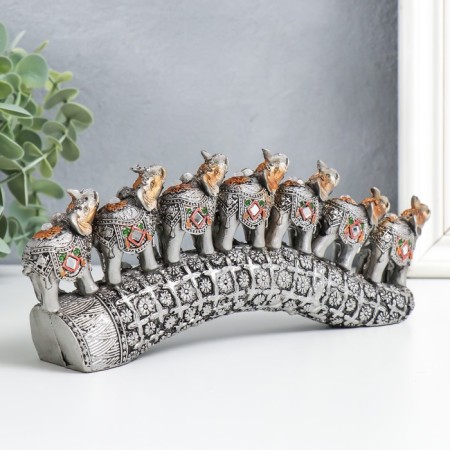 Polystone souvenir "Seven elephants on a tusk with flowers" silver 21x4x9.8 cm-2