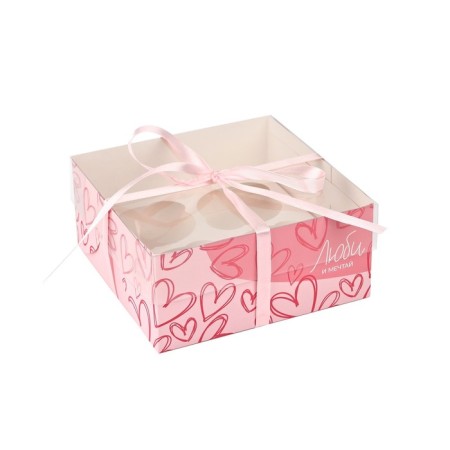 Capcake box, confectionery packaging, 4 cells “Love and Dream”, 16 x 16 x 7.5 cm
