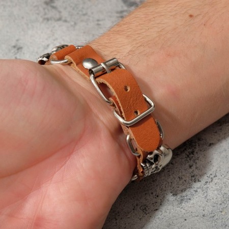 Bracelet Skin "Skull" rhythm, brown color with silver, 21.5 cm-2