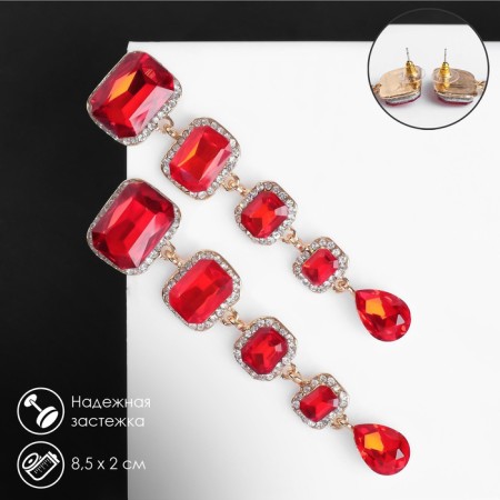 Hanging earrings with “fluid” rhinestones, white-red color in gold, 8.5 cm