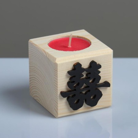 Candle in a wooden candlestick "Cube, hieroglyphs. Happiness", 6x6x6 cm, cherry aroma