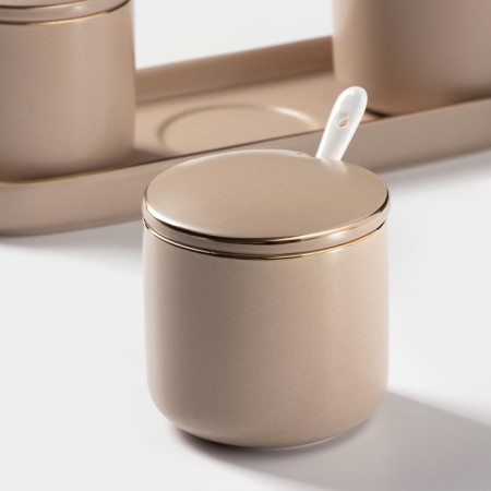 A set of ceramic cans with spoons on the stand "Pastel", 3 items: 250 ml, beige color-2