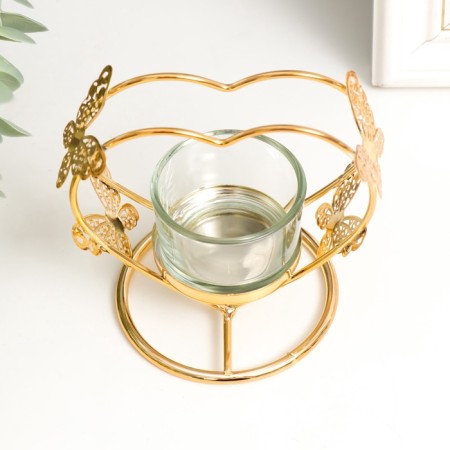 Summary metal, glass for 1 candle "Heart with butterflies" d-4 cm gold 7.5x10x10 cm-4